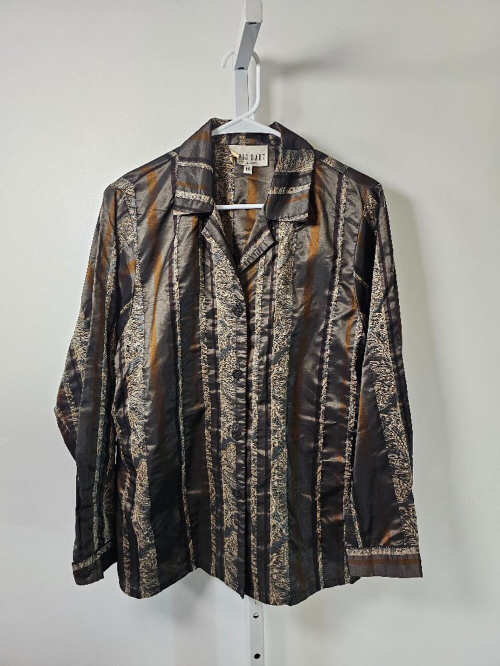 Vintage David Dart Blouse Brown Silk Wool Stripes Tapestry Boho Satin M